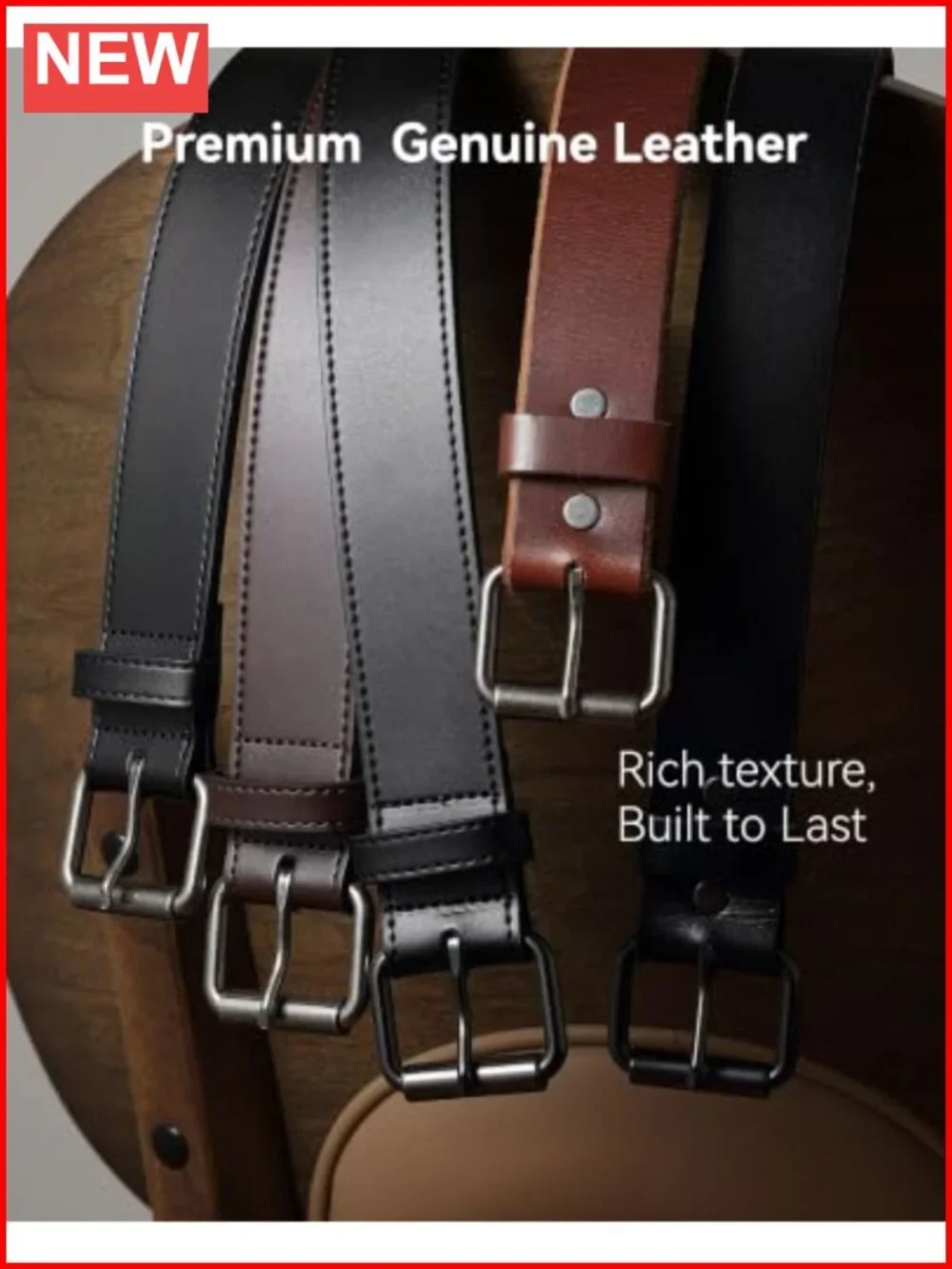 Genuine Leather Work Belt, Heavy Duty, Solid Buckle, 1.5 in Wide
